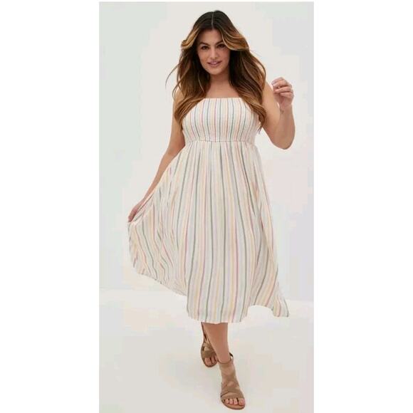 TORRID Challis Smocked Tiered Dress White Multicolor Striped Boho MIDI Size 4X - Picture 2 of 9